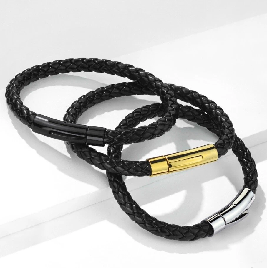 Pulsera de cuero Bolo trenzado para hombre con cierre de bloqueo de acero inoxidable - negro marrón Foto 3 de 4