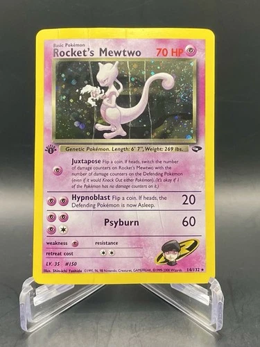 Rocket’s Mewtwo 14/132 1st Edition w/ Swirl Gym Challenge Vintage Pokemon HP/DMG