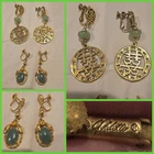 VTG Costume Jewelry Earring Pair Lot Set JADE Asian GOLDETTE Design Stone OLD Q