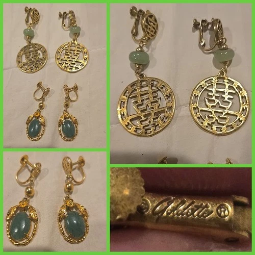 VTG Costume Jewelry Earring Pair Lot Set JADE Asian GOLDETTE Design Stone OLD Q