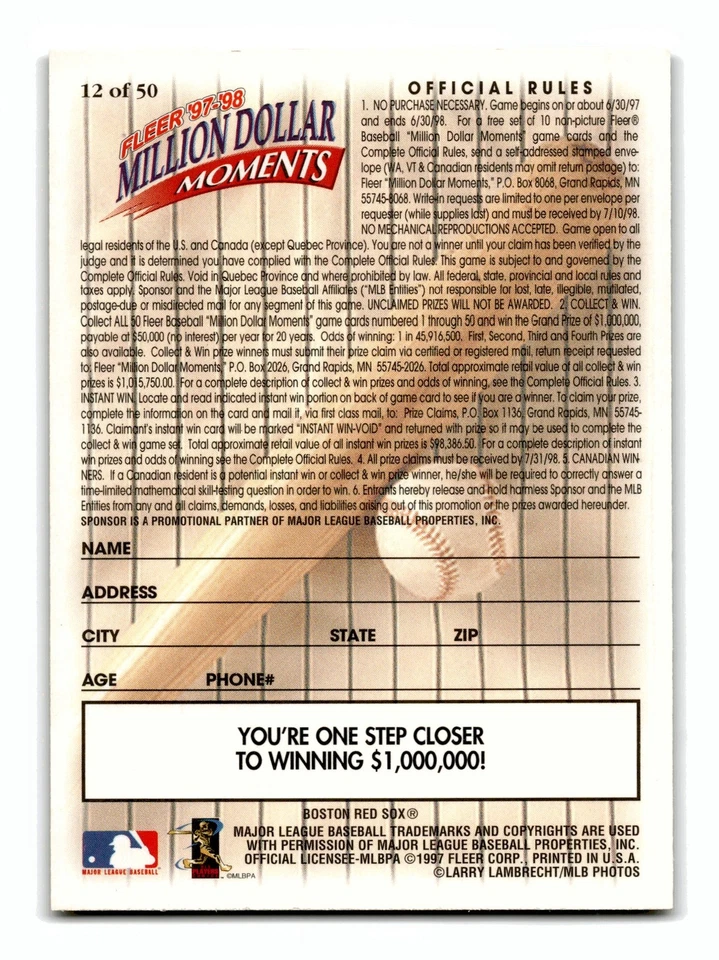Roger Clemens 1997-98 Fleer Million Dollar Moments #12 Boston Red Sox NM-MINT - Image 2 of 2