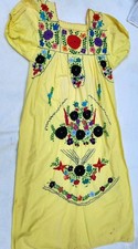Mexican Embroidered Dress Womens S Yellow Floral Boho Folk Art Cotton Vtg 1970s