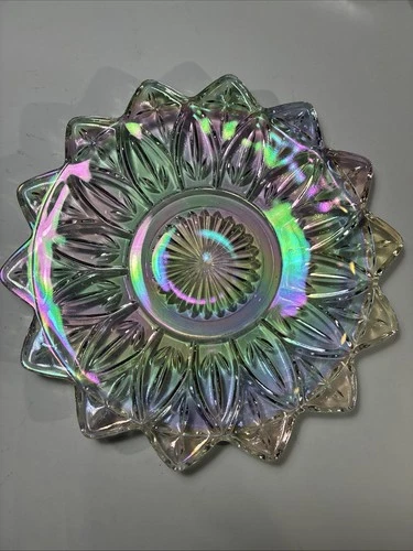 Vintage Federal Glass Iridescent Clear Petal Plate 9 1/4”– Rainbow Star Flower
