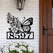 Personalized Butterfly House Number Sign with Floral Design, Custom Metal