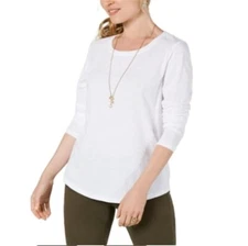 Style & Co Womens L Bright White Sheer Crew Neck Long Sleeve T Shirt Top NWT J40