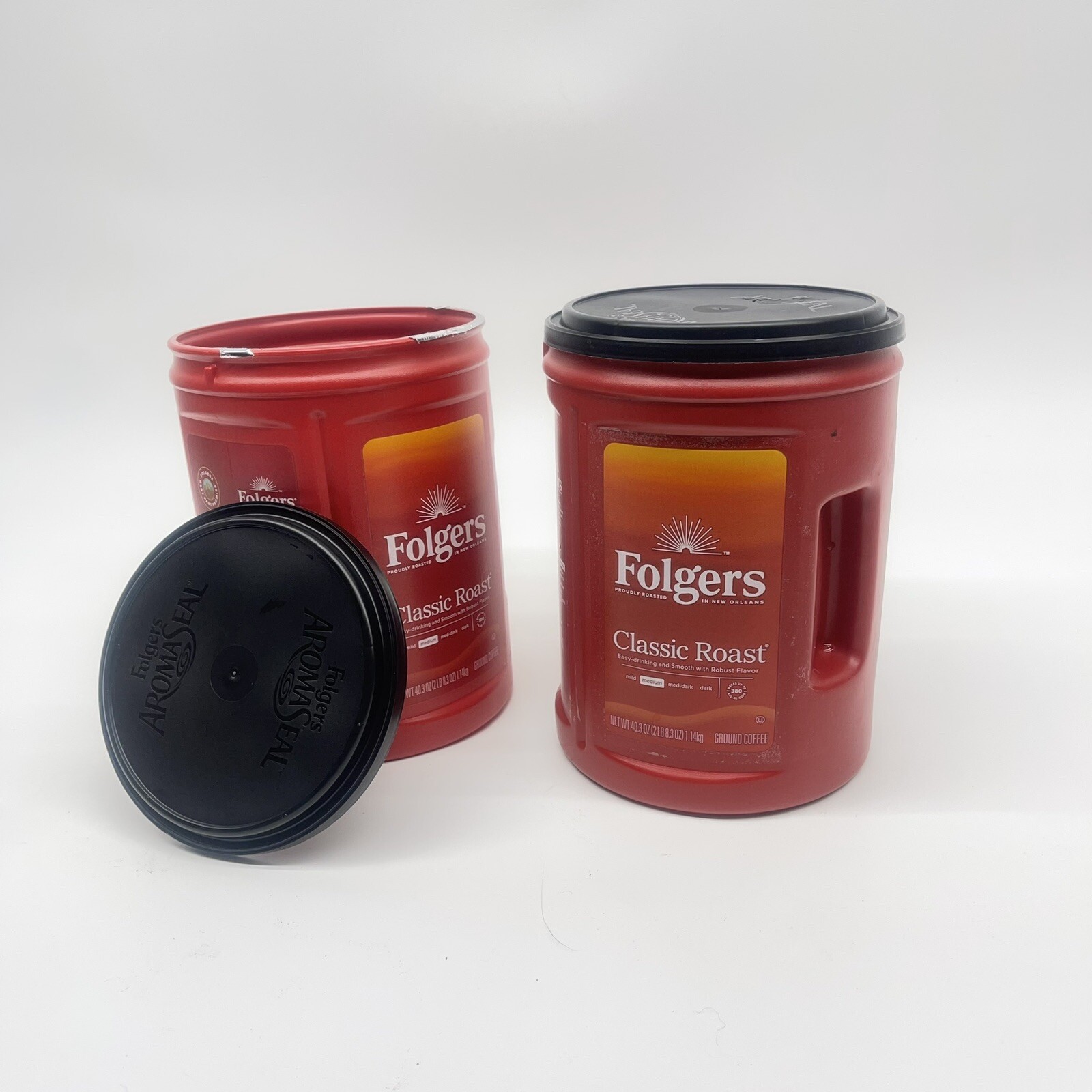 2 40.3 oz Empty Red Coffee Cans W/Lids Folgers Garage Craft Storage