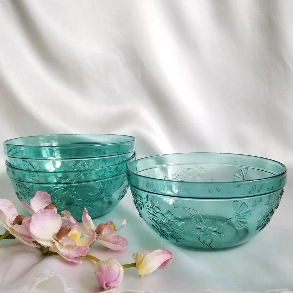 3 ensaladeras o cereales de plástico en relieve floral verde azulado Foto 3 de 4