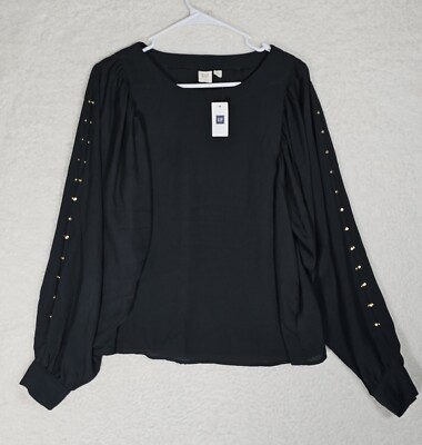 NEW Gap Women's Blouse Top Shirt Size M, Black, Slit Sleeve, Gold Nailhead NWT