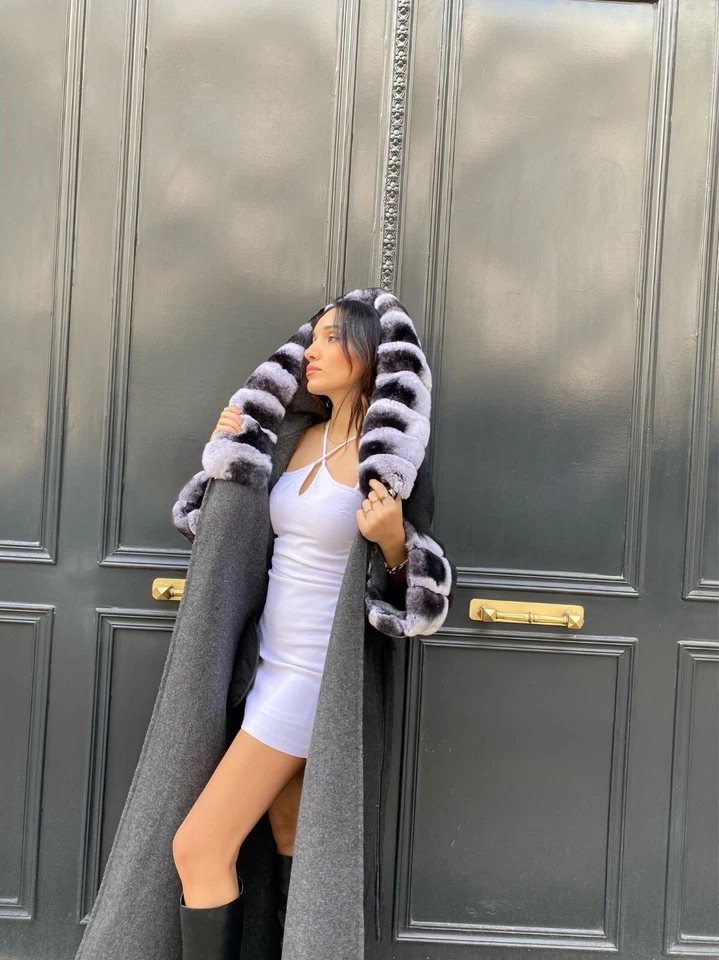 100% Alpaca Women's Winter Coat Rex Rabbit Fur Long Overcoat Soft Stylish Black - Image 2 of 4