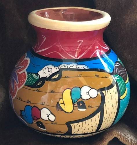 Volkskunst Keramik Vase bunt detailliert roter Ton Bauern Enten auf Teichhaus - Bild 5 von 11