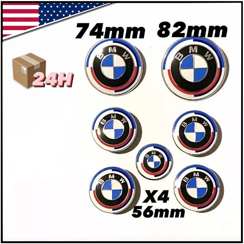 7-Piece 50th Anniversary Wheel Emblem Set - 82mm, 74mm, 56mm, 45mm Hub Caps & Badges