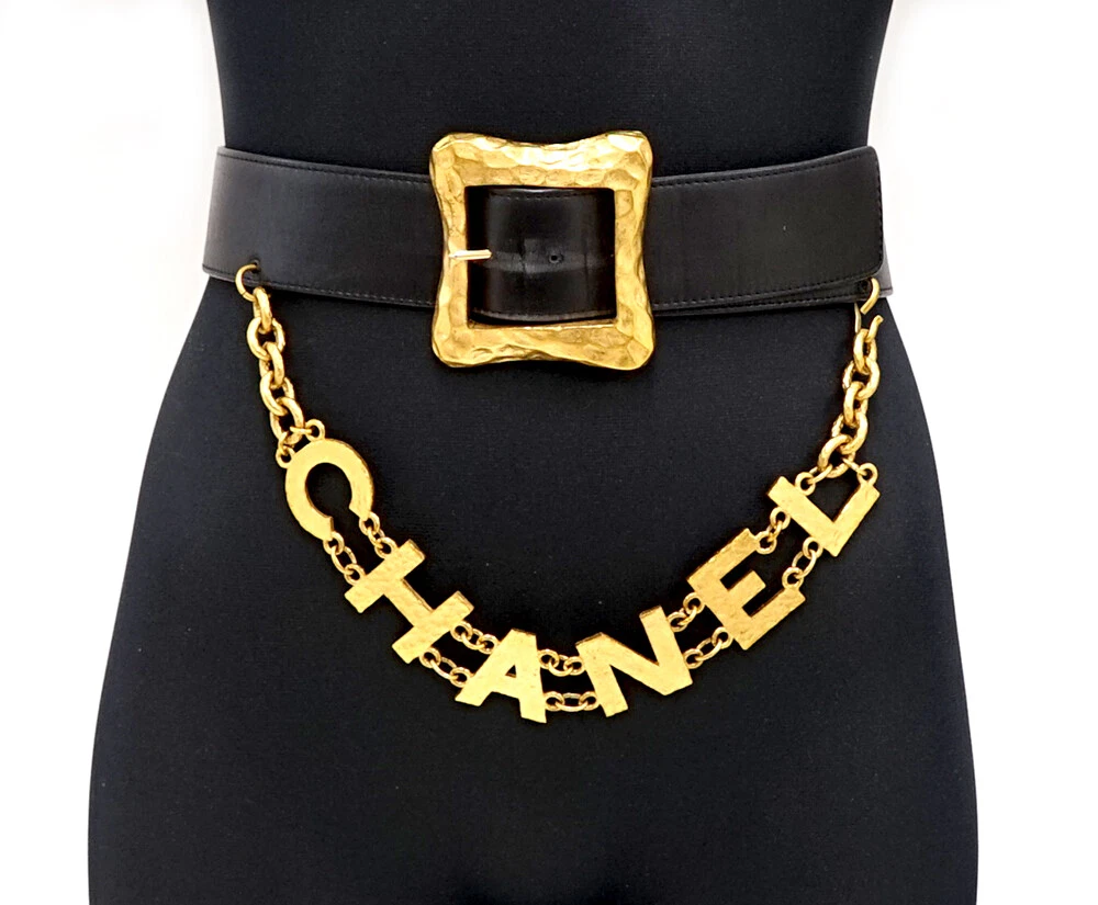 CHANEL Logo Chain Leather Belt 35 Gold Tone 93P Auth w/Box v1514