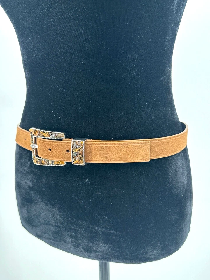 Cinturón para mujer Nine West mediano con hebilla astillada de piedra marrón gamuza cuero genuino Foto 3 de 4
