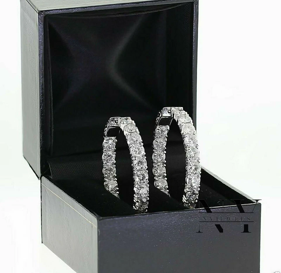 Pendientes de aro moissanita interior exterior oro blanco macizo 14K corte redondo de 3 quilates Foto 2 de 4