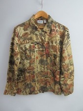 Chicos 2 Womens Large Gold Floral LS Silk Rayon Jacket Blazer Shirt Pockets