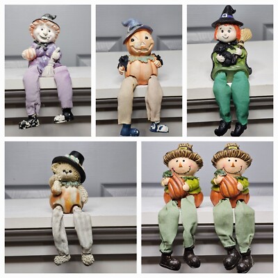 6 Vintage Halloween Pumpkin Witch Scarecrows Shelf Sitter Dangling Feet 3.5''