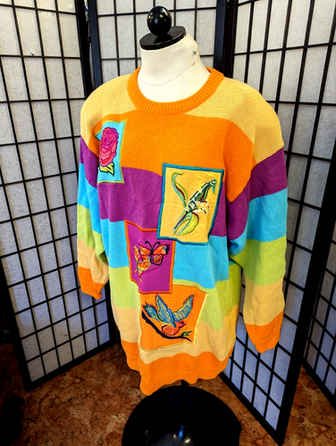 Vintage IB Diffusion Womens Cardigan Sweater Stripes L Colorful 80s 90s Tunic
