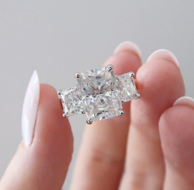 Three Stone Radiant Cut 10X8MM Moissanite Bridal Wedding Ring In 925 Pure Silver