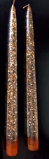 Vintage Lucite Acrylic Candles 12” Taper Yellow Gold MCM Decor Foil Flakes Set 2