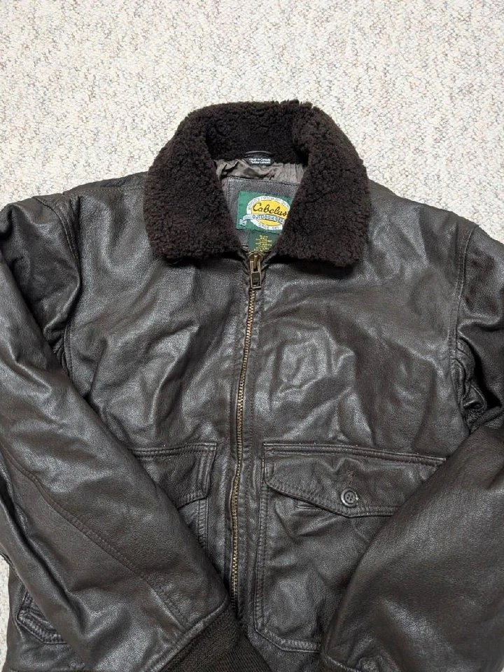 vintage CABELAS goatskin leather BOMBER brown jacket S flight MOUTON wool collar - Image 3 of 4