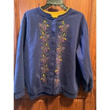 VTG Granny Cardigan XL Embroidered Button Up Sweatshirt Blue Floral Wheat