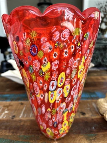 Murano Vibrant Orange Millefiori Vase 10.5"  Heavy 4 LBS w/Label Italy Gorgeous!