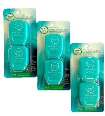 LOT of THREE (3) 2-Packs/6 singles Mint Waxed Extra Comfort Floss 43.7 Yard each