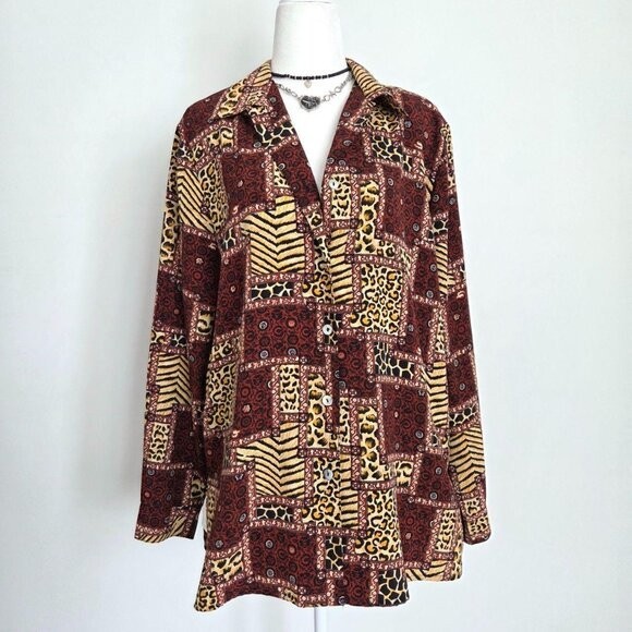 90s Animal Patchwork Button Down Top Medium Leopa… - image 2