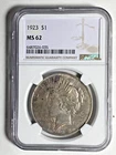 1923-P $1 PEACE SILVER DOLLAR NGC MS62 #6487026-035