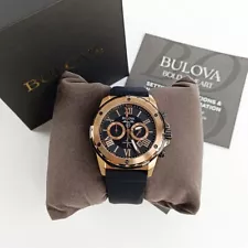 Bulova Quartz 98B104 Rose Gold/Black Rubber Strap Men's Marine Star Watch 44mm