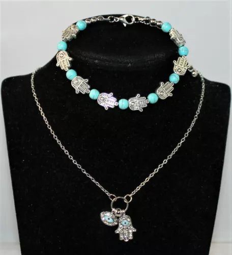 Schmuckset Kette Armband Hamsa Hand Türkisches Magisches Auge Damen 