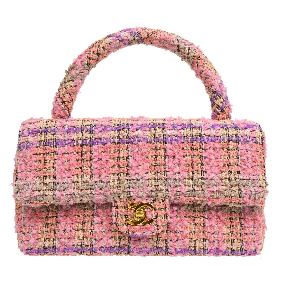 CHANEL Quilted CC Hand Bag Purse Tweed Vintage Pink 91963
