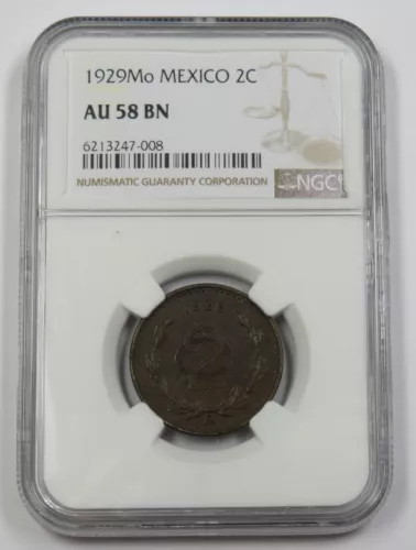 1929 Mo NGC AU58 BN Brown 2 Centavos 2c Mexico Coin Item #33646A