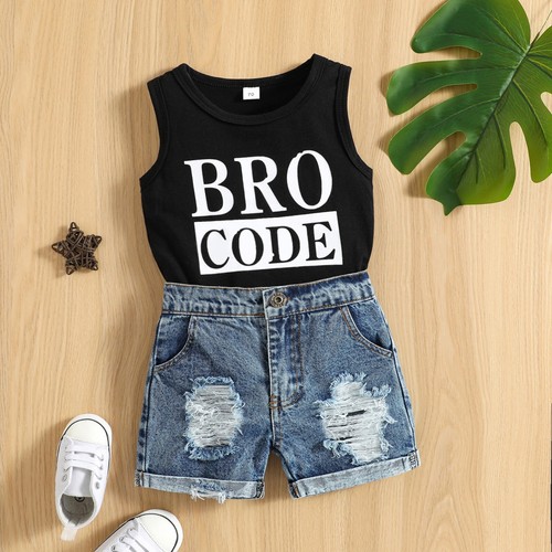 Baby Casual Clothes Set Boy Girl Letter Print Sleeveless Tops+Denim Shorts Sets - Picture 3 of 12