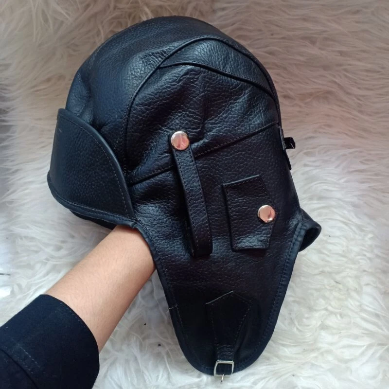 ENVÍO GRATUITO Sombrero de Cuero de Vaca Genuino Negro con Orejeras Largas Sombrero de Piloto Foto 3 de 4