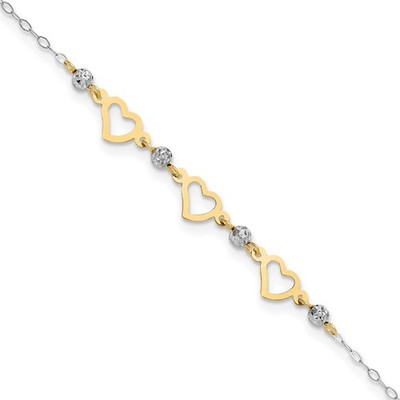 14K Two-tone Gold Oval Link Diamond-cut Beads and Heart 9in Plus 1in Ext. Anklet