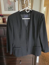 ANNE KLEIN Dress Jacket Blazer Sz 14 Black Lined 3 Front Buttons Lace Up Sleeve