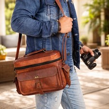 Genuine Leather Camera Shoulder Bag Vintage Photography Travel Case with Metal