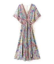 Boho Queens Women Peacock Floral Print Bat Sleeve Beach Bohemian  Maxi
