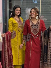 Women's Cotton Kurta Pant Dupatta Set Embroidered Indian Ethnic 3 Piece Suit