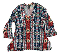 Win Win Women's Tunic Size Large Multi Color Flare 3/4 Bell Sleeves Winwin