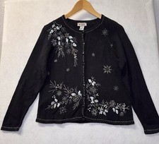 Vintage Tiara International Womens M Cardigan Black Floral Beaded Embroidered