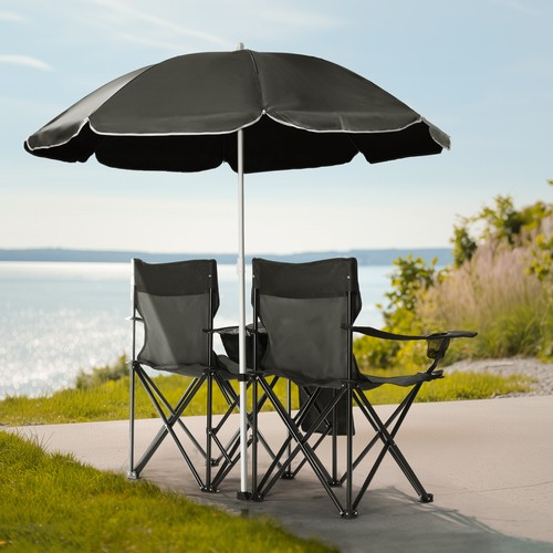 Foldable 2 Seats Chair with Sun Umbrella for Patio Fishing Pools Chair Black