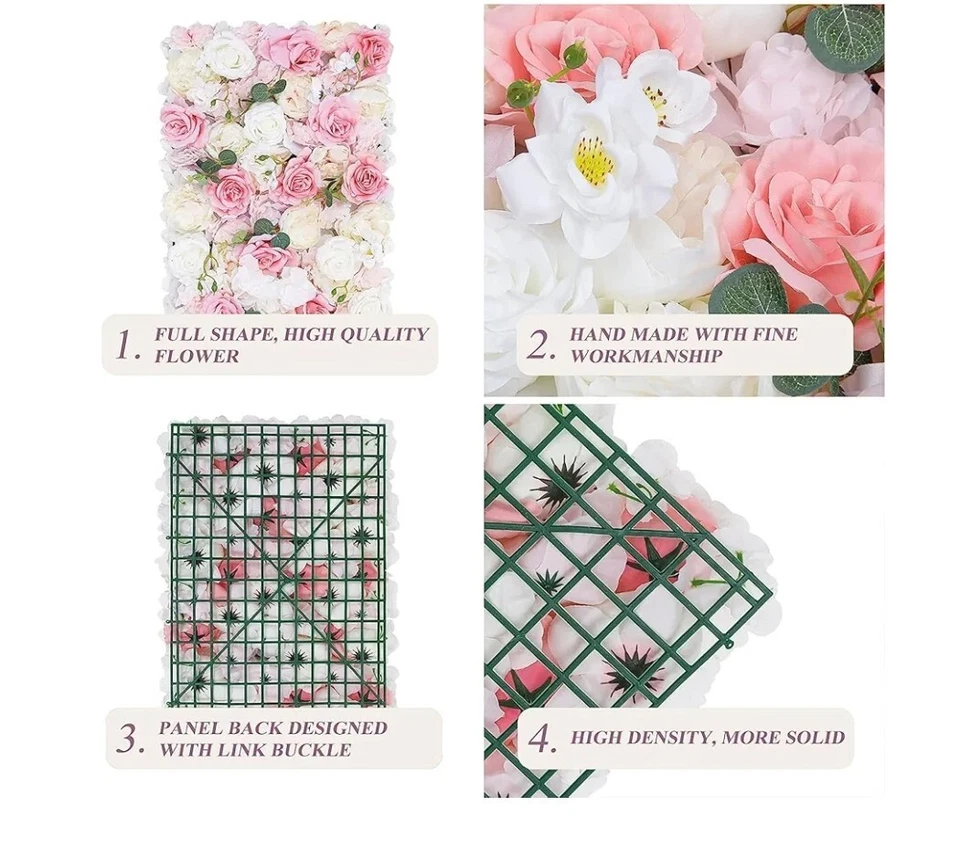 Wedding Artificial Silk Flower Wall Panel Backdrop Rose Pink White 16 X 24 Inch - Image 4 of 4