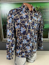 1970s Disco Joel Cal Made Mens Blue Rose Bamboo Polyester Long Sleeve Shirt - M