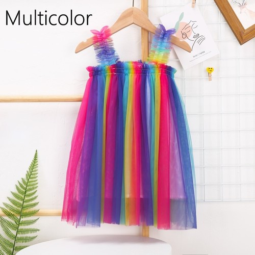 Kid Girl Tutu Skirt Mesh Rainbow Glitter Dress Sleeveless Fairy Party Show Cute - Picture 19 of 19