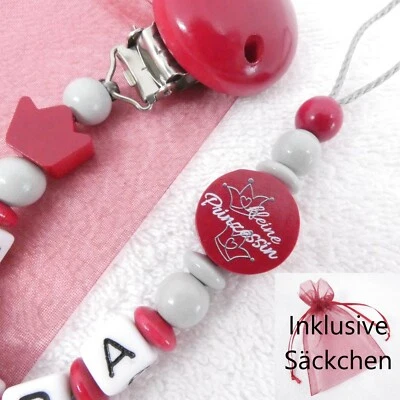 GIFT-STORE24 Schnullerkette mit Namen, bordeaux-rot, grau, kleine Prinzessin, Krone, Baby