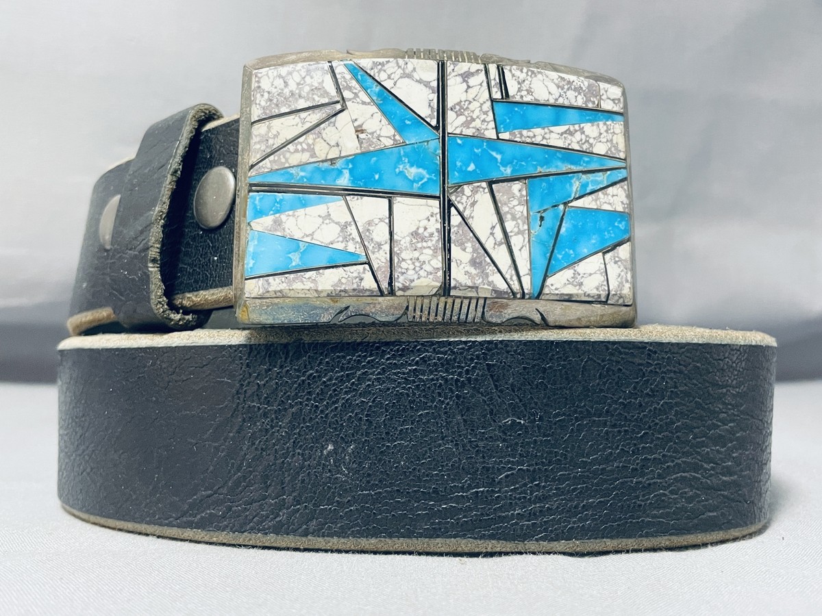 Best Vintage Native American Navajo White Buffalo Turquoise Sterling Silver Buckle Belt Best Vintage Native American Navajo White Buffalo Turquoise Sterling Silver Buckle Belt