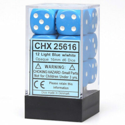 CHX25616 Chessex Manufacturing Opaque: 16mm D6 Light Blue/White(12