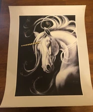 Vintage White Unicorn With Black Background Poster 1983 Litho In U.S.A.
